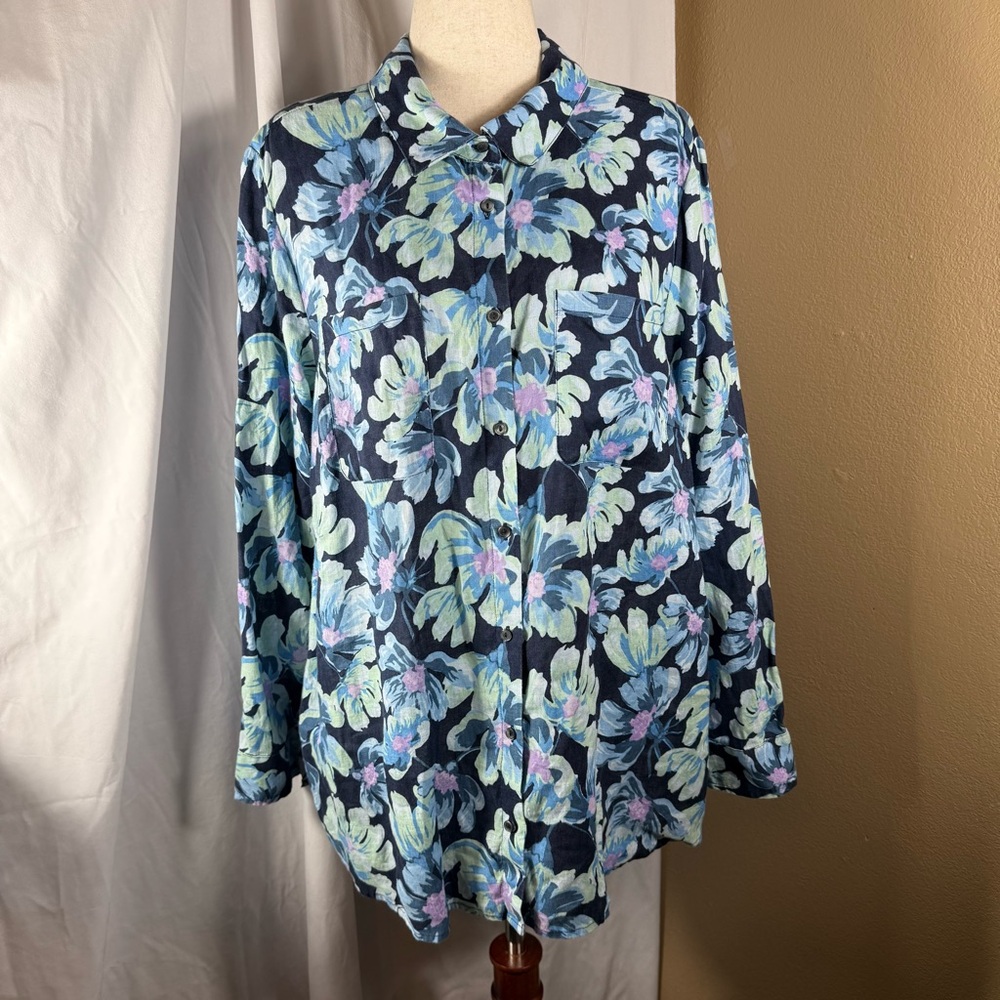 Linen‎ Button Up Long Adjustable Sleeve Navy Floral Charter Club Women’s Size 2X